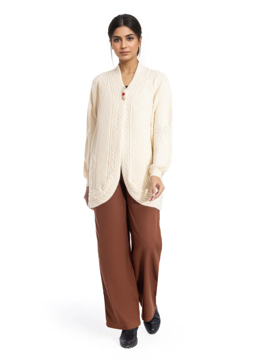 L-Beige-V Neck Cardigan Full Sleeves Sweater (25Y-088-67) - Image 4