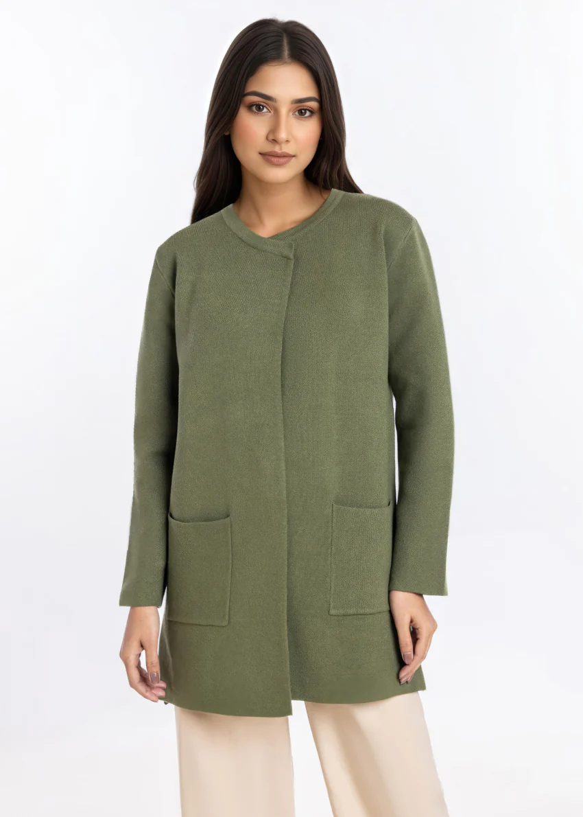 Olive-Round Neck Cardigan Full Sleeves Sweater (25Y-096-67) - Image 4