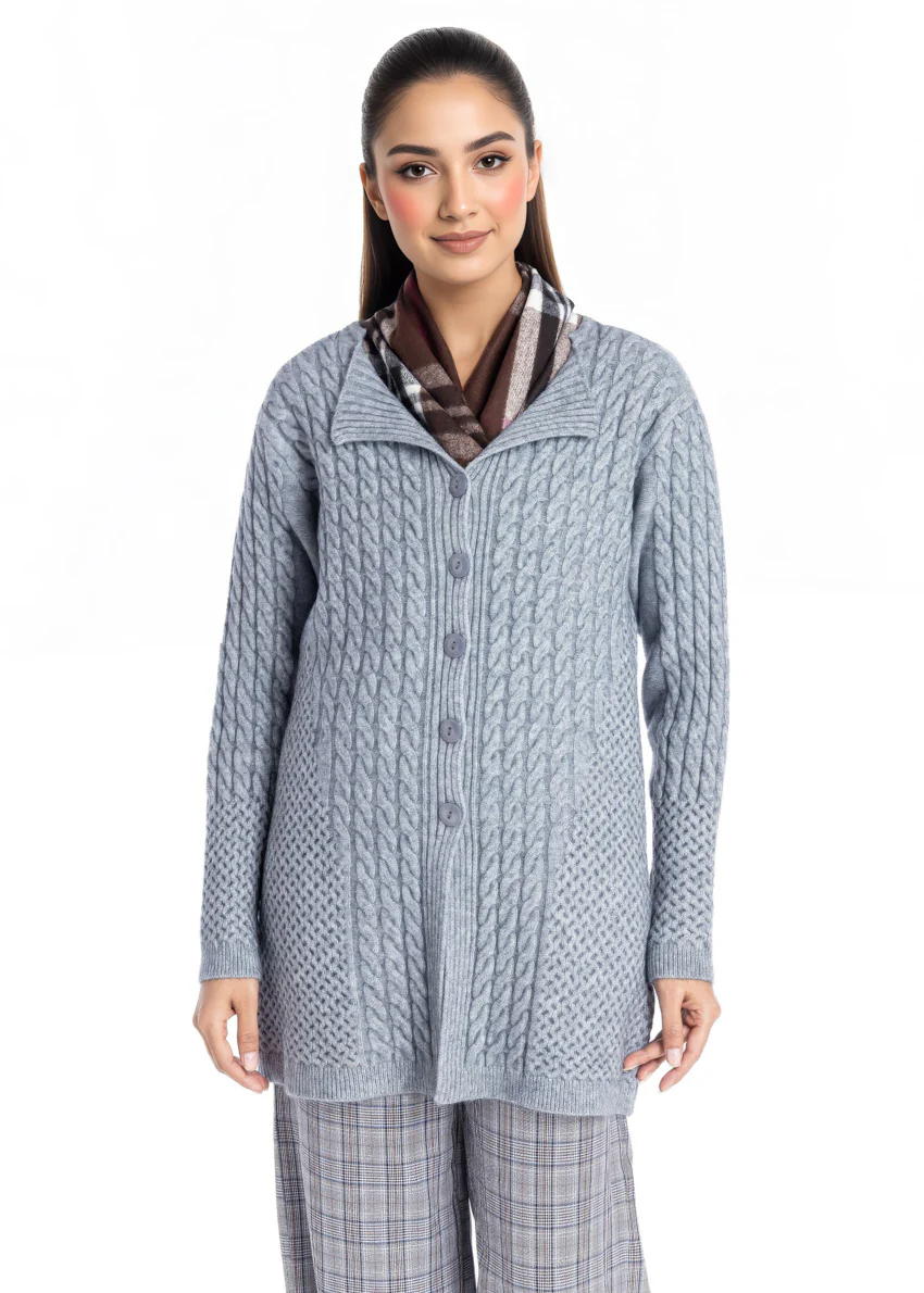 Grey-Lapel Collar Full Sleeves Cardigan Sweater (25Y-099-67) - Image 3