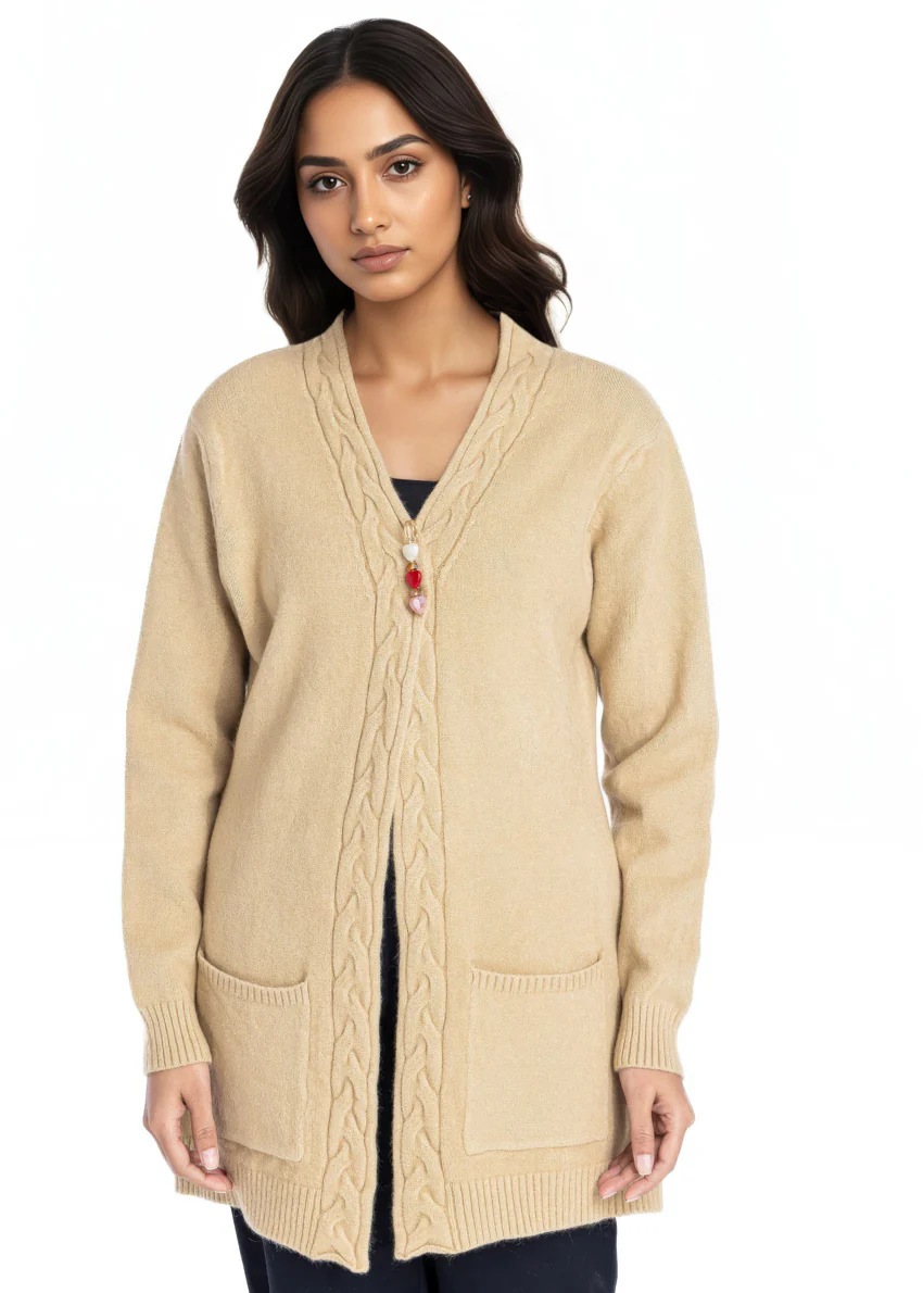 D-Beige-Front Open Full Sleeves Cardigan Sweater (25Y-100-67) - Image 2