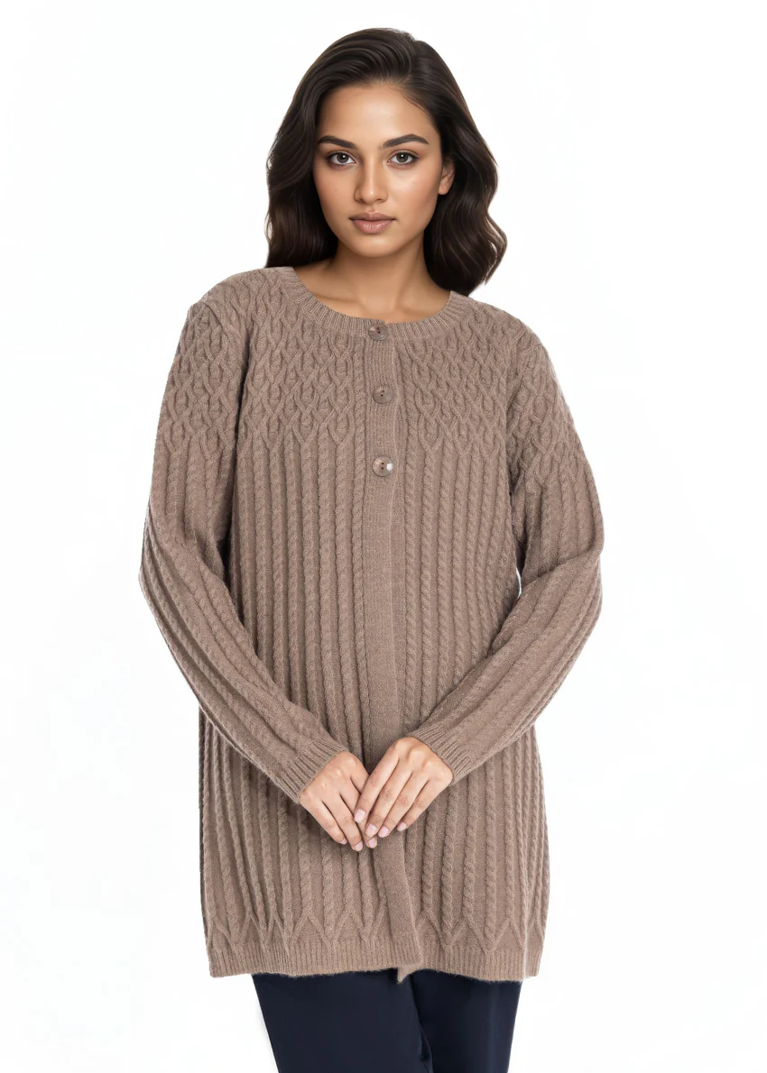 Khaki-Round Neck Cardigan Full Sleeves Sweater (25Y-103-67) - Image 4