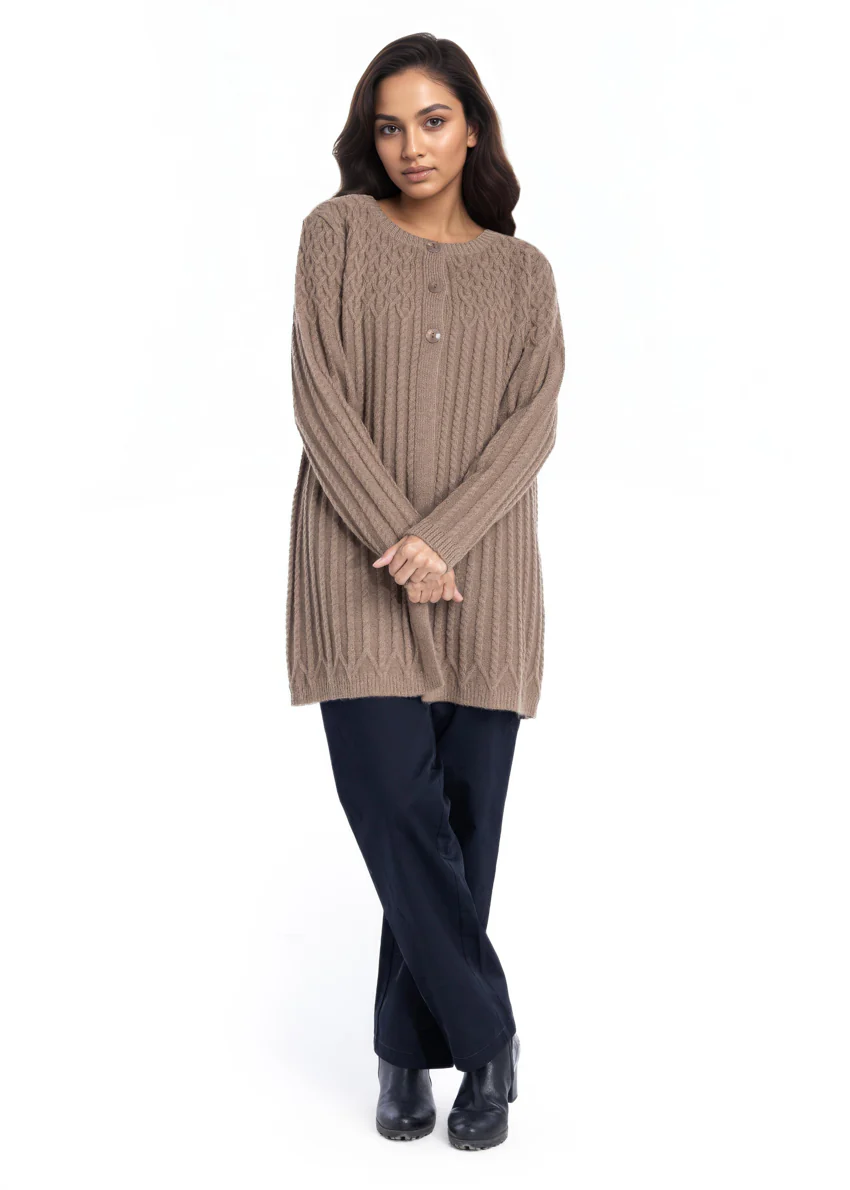 Khaki-Round Neck Cardigan Full Sleeves Sweater (25Y-103-67) - Image 5
