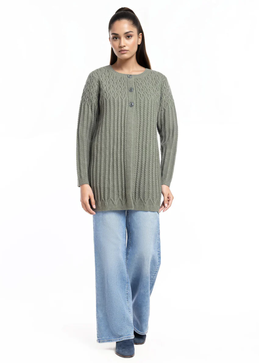 Olive-Round Neck Cardigan Full Sleeves Sweater (25Y-103-67) - Image 5