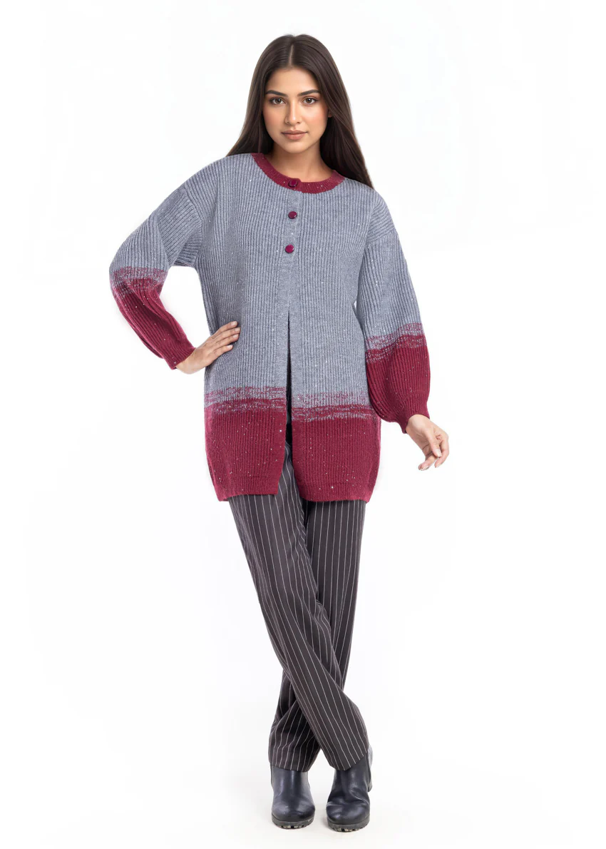Maroon-Round Neck Cardigan Full Sleeves Sweater (25Y-105-67) - Image 3