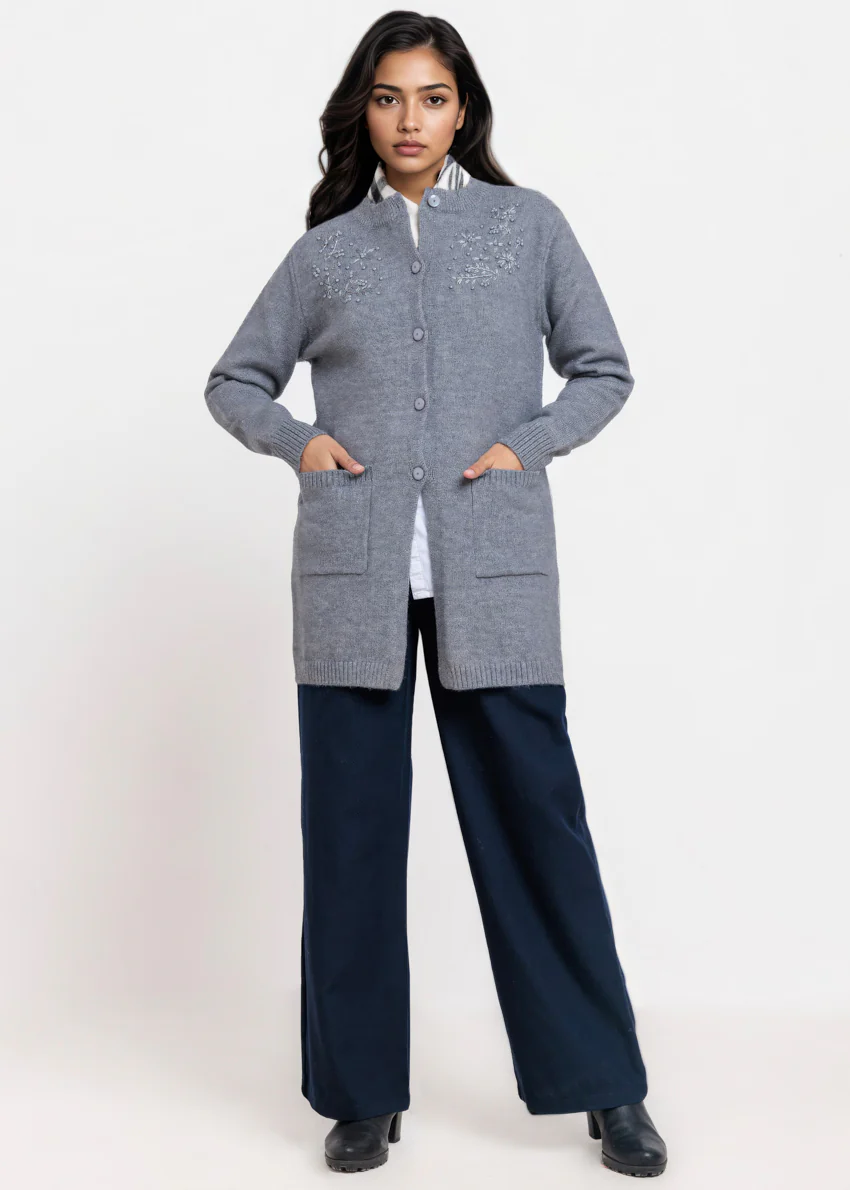 Grey-Round Neck Full Sleeves Cardigan Sweater (25Y-107-67) - Image 5