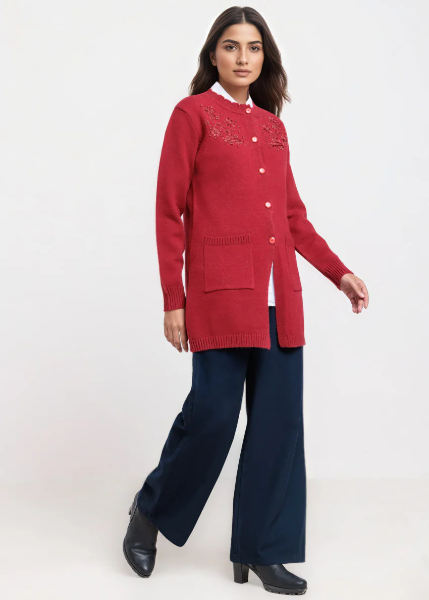 Maroon-Round Neck Full Sleeves Cardigan Sweater (25Y-107-67) - Image 4