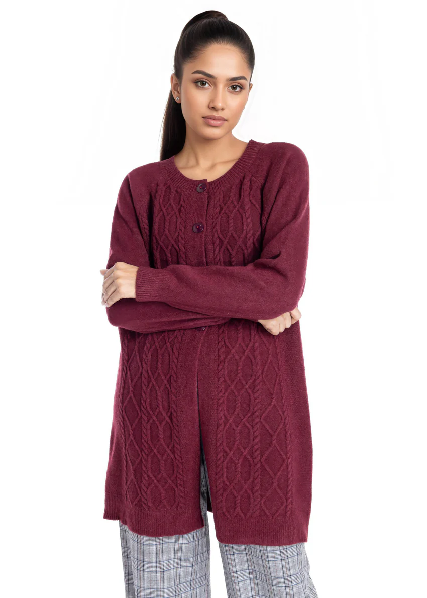 Maroon-Round Neck Cardigan Reglan Sleeves Sweater (25Y-122-67) - Image 2