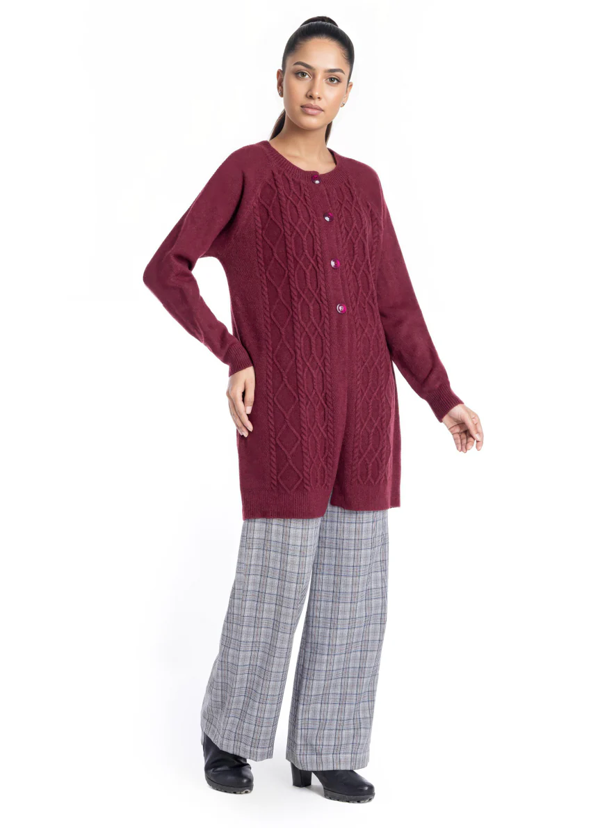 Maroon-Round Neck Cardigan Reglan Sleeves Sweater (25Y-122-67) - Image 4