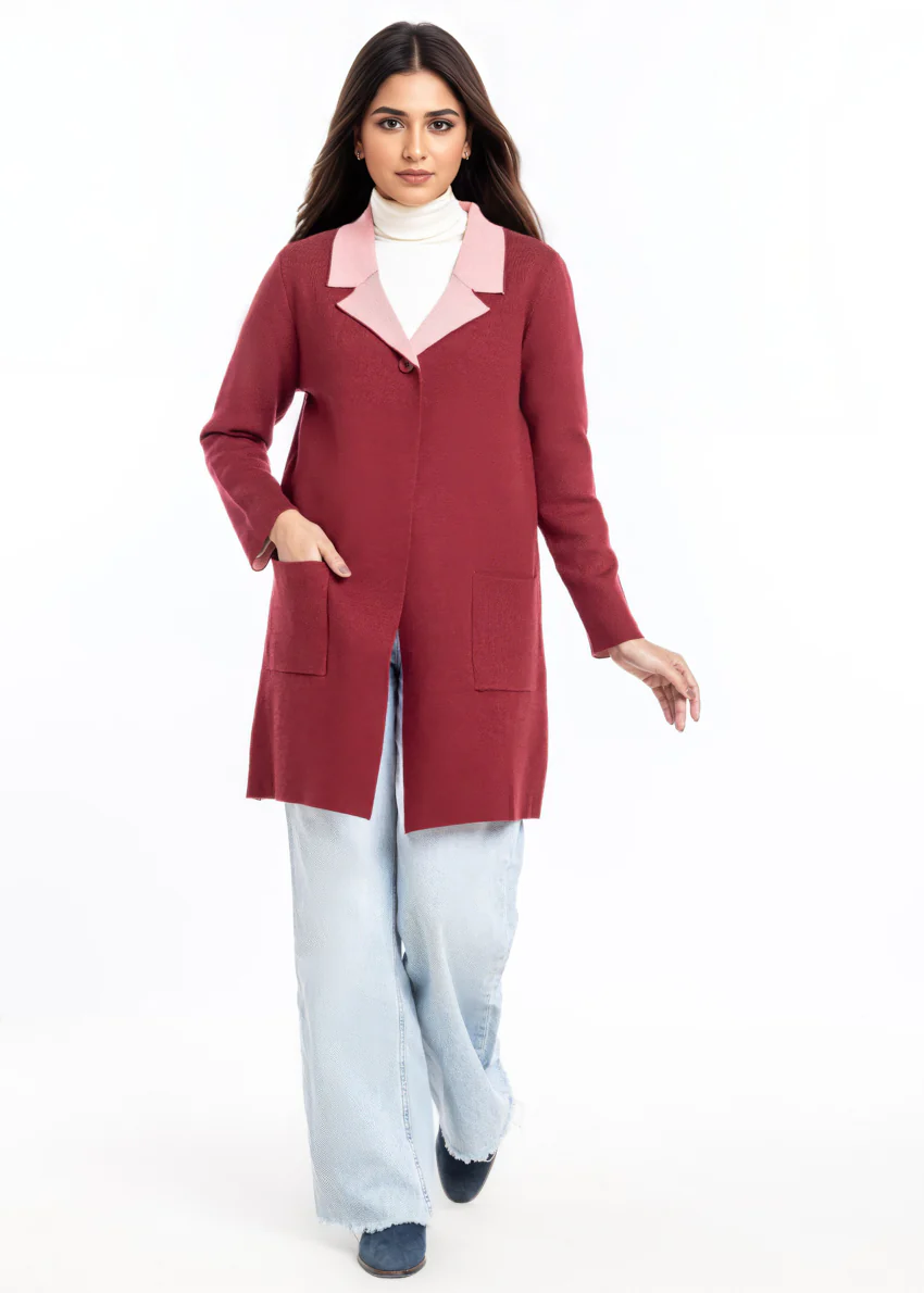 Maroon-Wing Collar Full Sleeves Cardigan Sweater (25Y-124-67) - Image 4