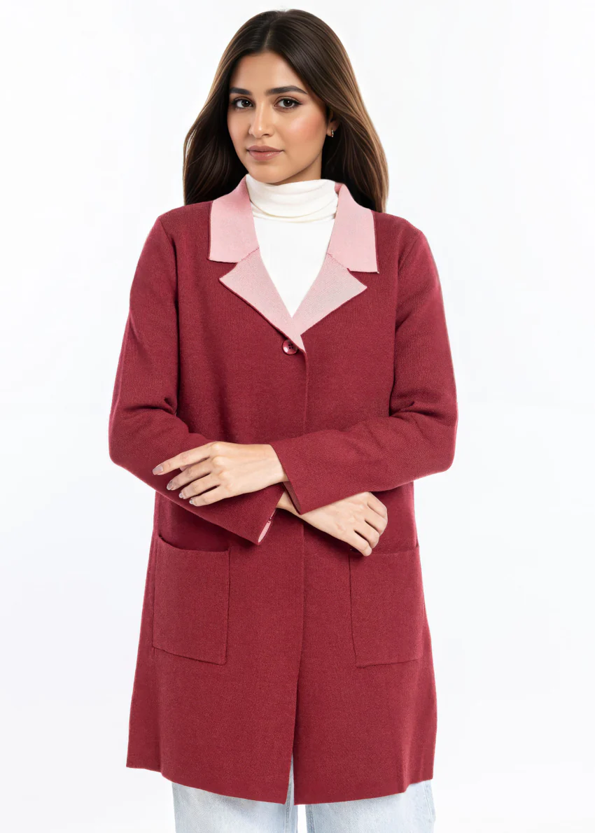 Maroon-Wing Collar Full Sleeves Cardigan Sweater (25Y-124-67) - Image 5