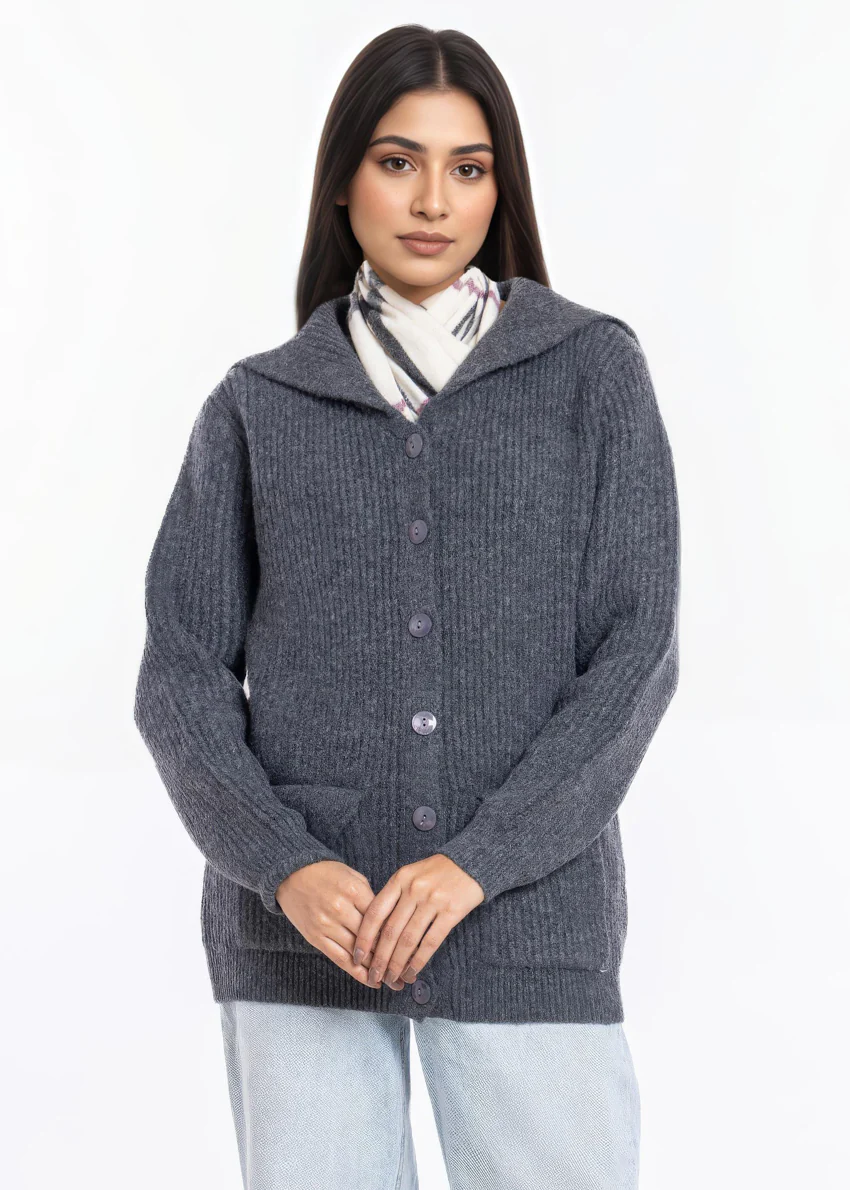 Charcoal-Sailor Collar Full Sleeves Cardigan Sweater (25Y-128-67) - Image 3