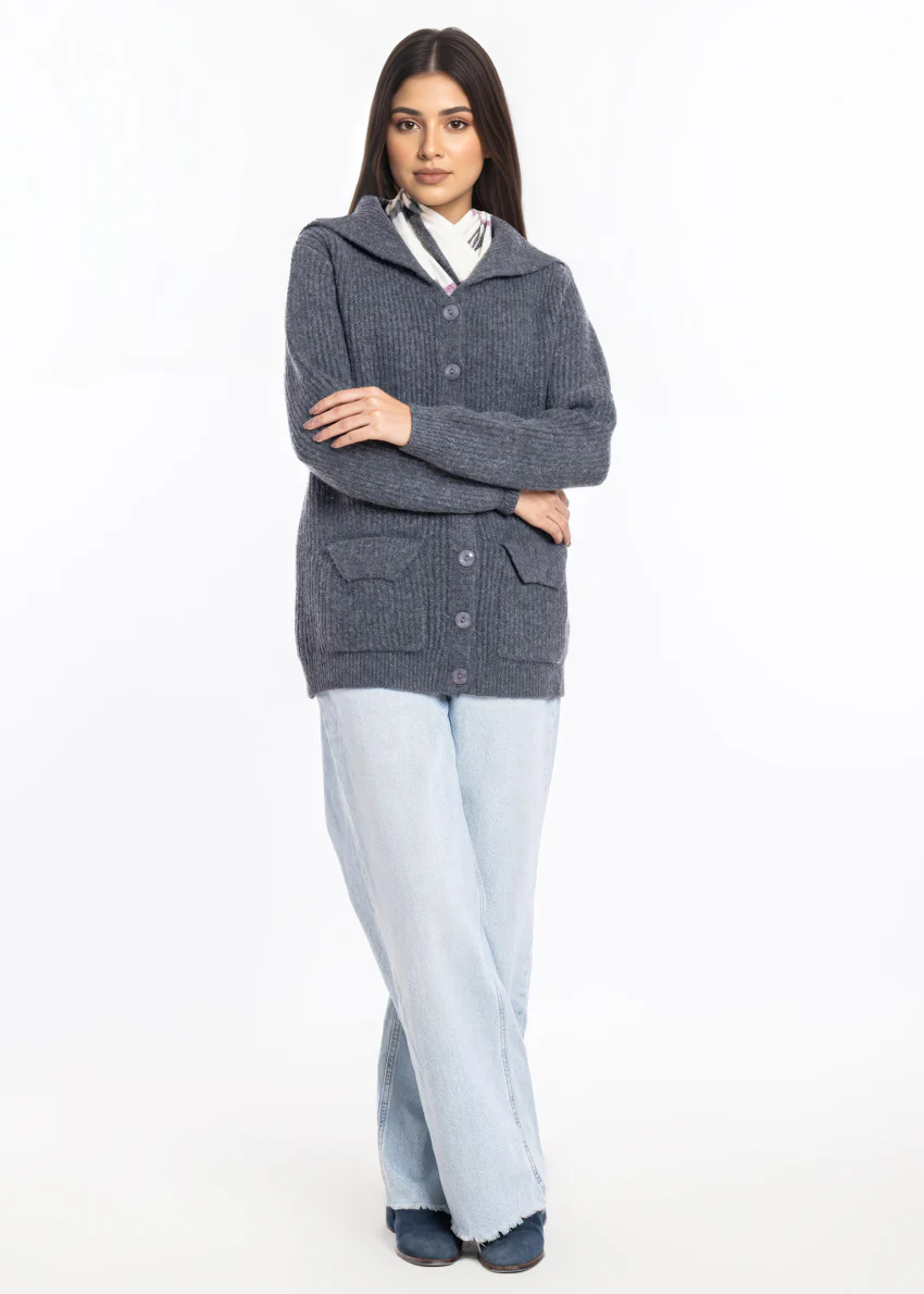 Charcoal-Sailor Collar Full Sleeves Cardigan Sweater (25Y-128-67) - Image 4
