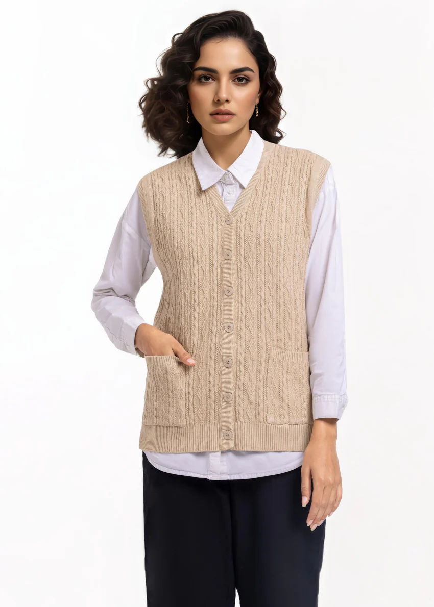 Beige-V-Cardigan Sando Sweater (25Y-216-67) - Image 3