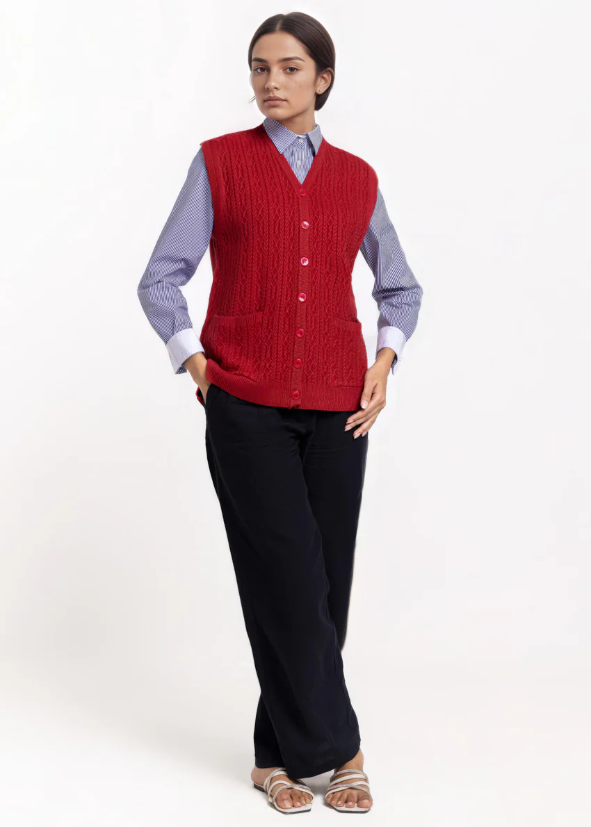Maroon-V-Cardigan Sando Sweater (25Y-218-67) - Image 3