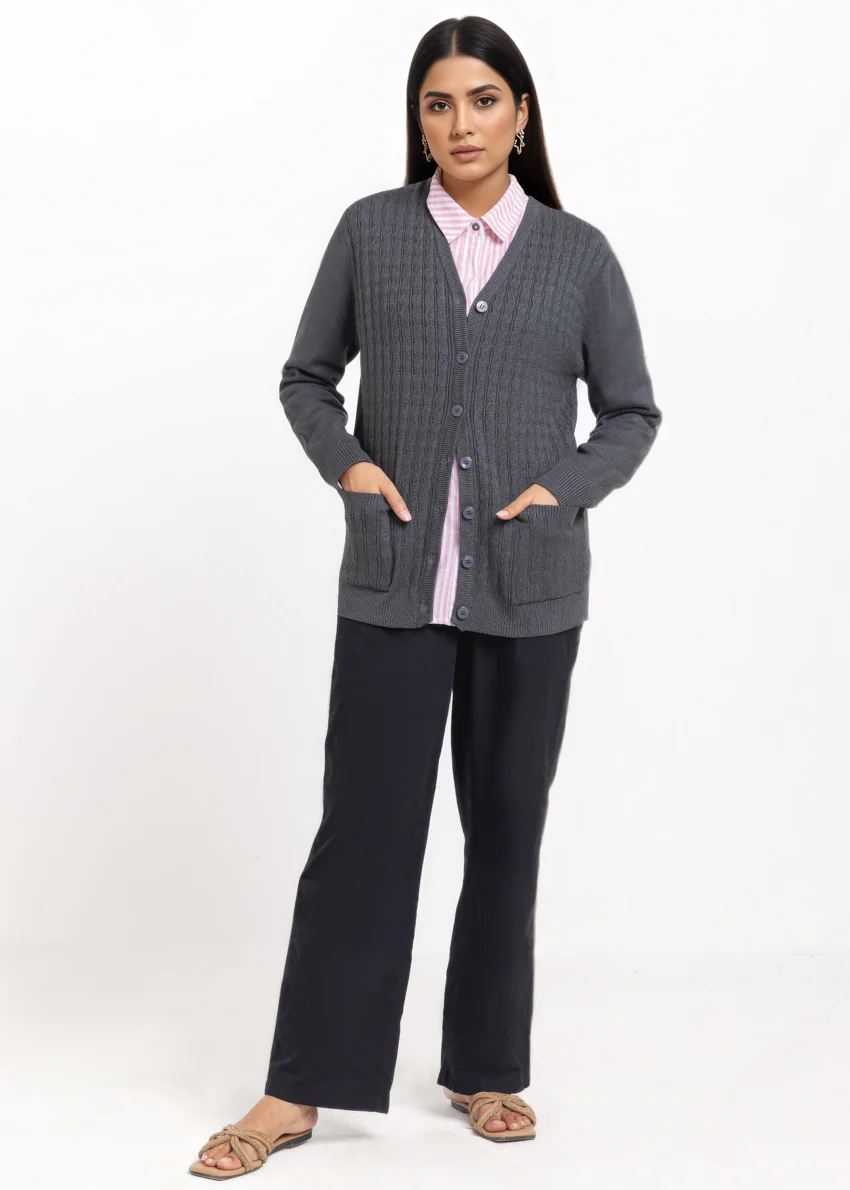 Charcoal-V-Cardigan Full Sleeves Sweater (25Y-219-67) - Image 3