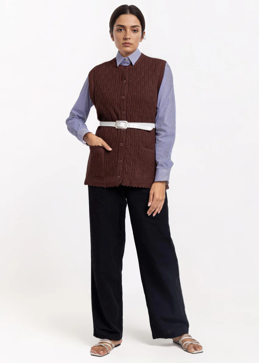 D-Brown-R-Neck Cardigan Sando Sweater (25Y-230-67) - Image 3