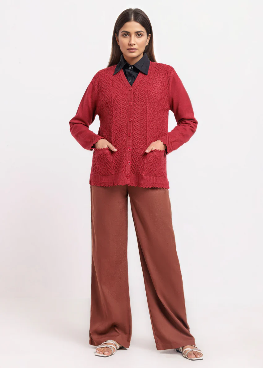 Maroon-V-Cardigan Full Sleeves Sweater (25Y-235-67) - Image 4