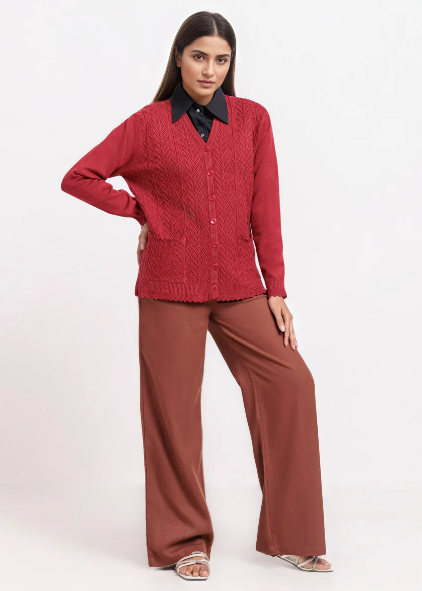 Maroon-V-Cardigan Full Sleeves Sweater (25Y-235-67) - Image 5