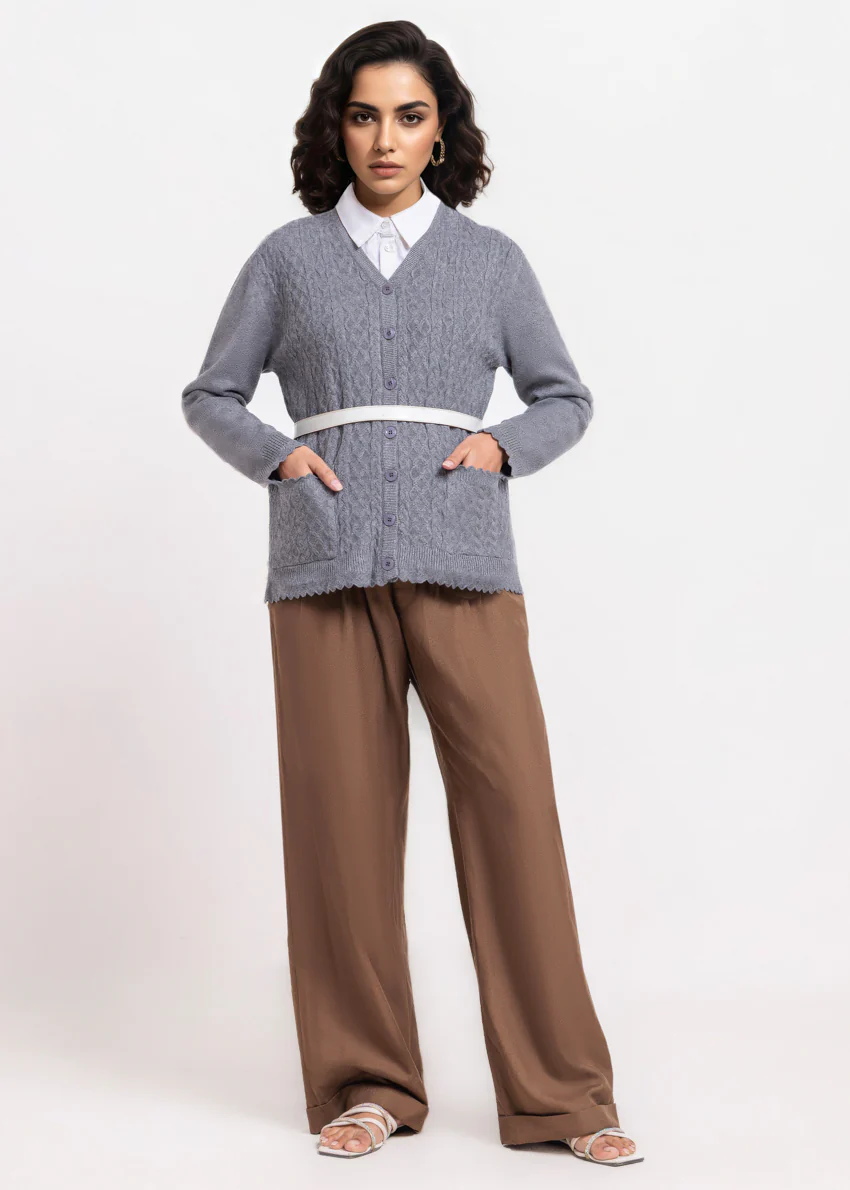 Charcoal-V-Cardigan Full Sleeves Sweater (25Y-237-67) - Image 3