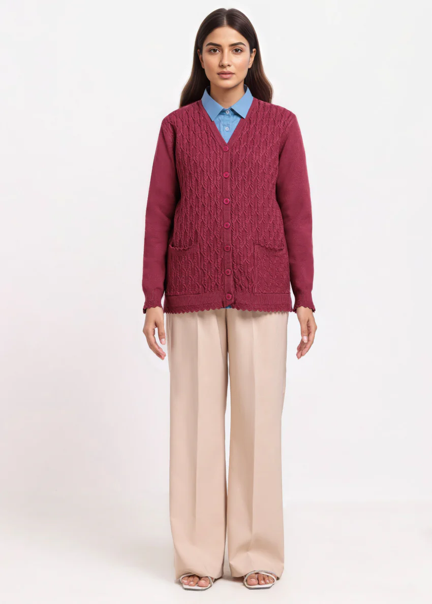 Maroon-V-Cardigan Full Sleeves Sweater (25Y-241-67) - Image 4
