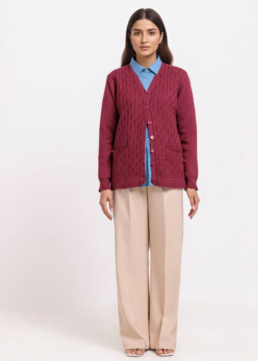 Maroon-V-Cardigan Full Sleeves Sweater (25Y-241-67) - Image 5