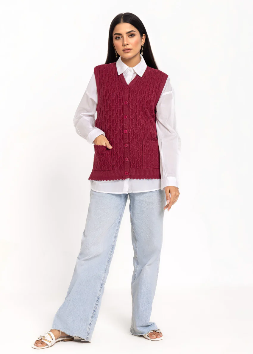 Maroon-V-Cardigan Sando Sweater (25Y-242-67) - Image 3