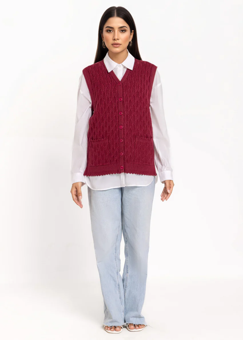 Maroon-V-Cardigan Sando Sweater (25Y-242-67) - Image 4