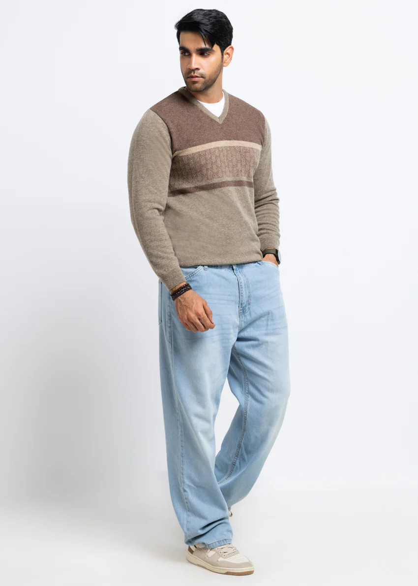 Nl-Beige-V-Neck Full Sleeves Sweater (512-14) - Image 3
