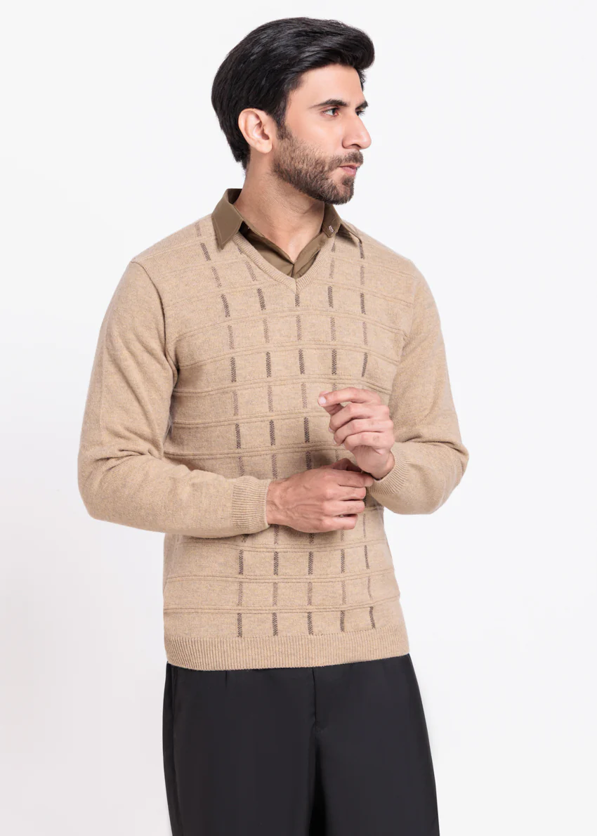 Wheat-V-Neck Full Sleeves Sweater (517-14) - Image 3