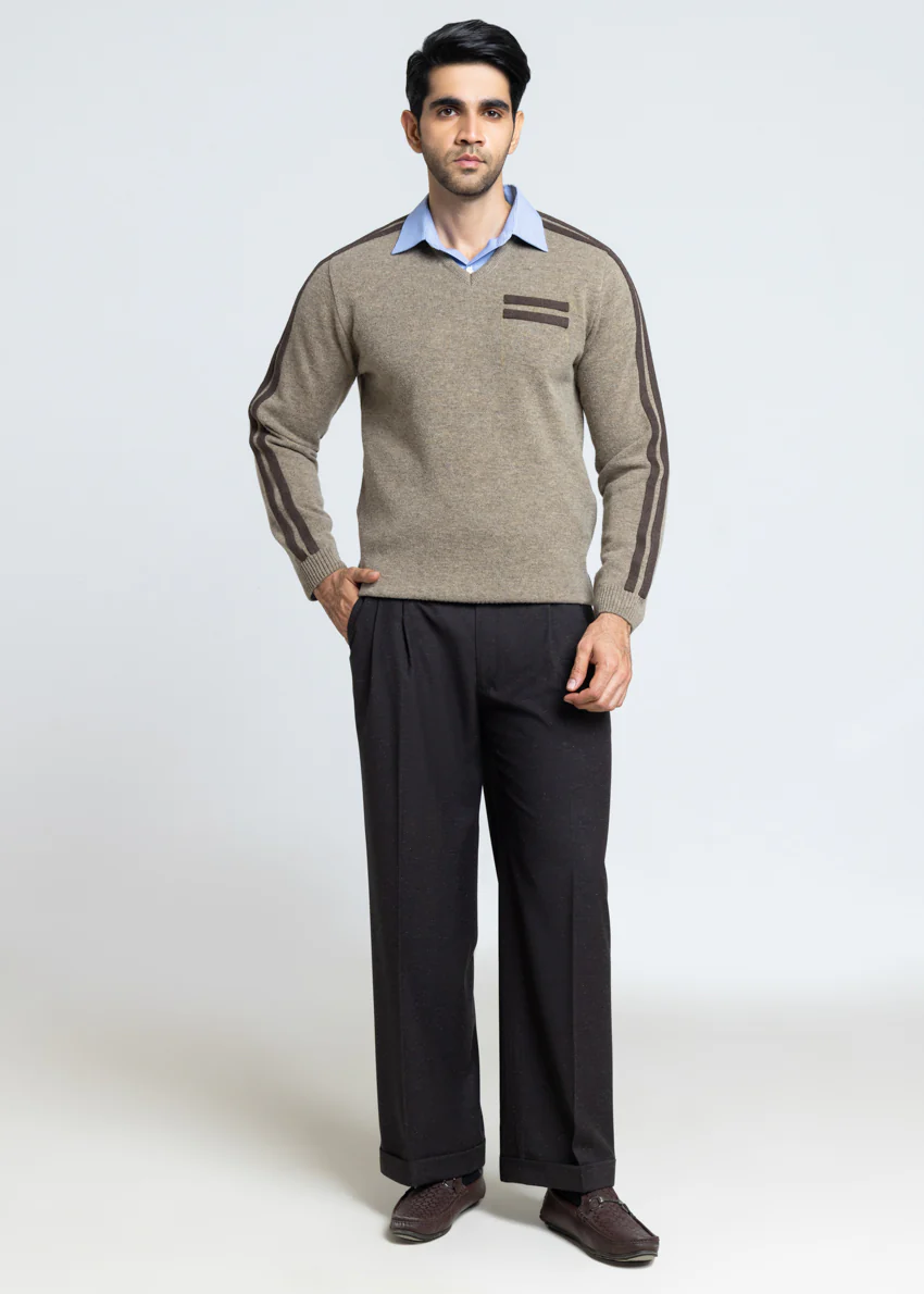 Nl-Beige-V-Neck Full Sleeves Sweater (557-14) - Image 5