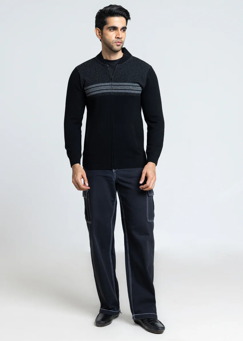 J-Black-Baseball Collar Zipper Full Sleeves Sweater (760-14) - Image 2