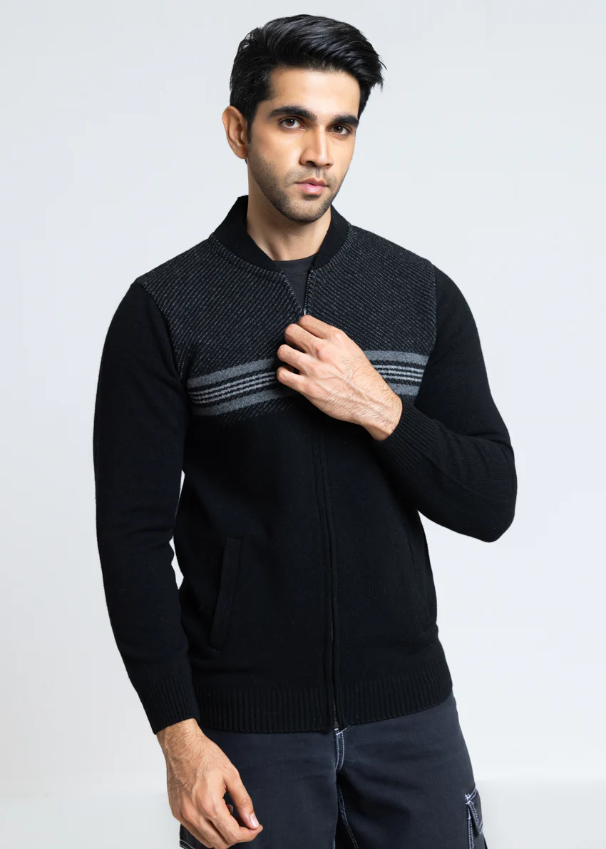 J-Black-Baseball Collar Zipper Full Sleeves Sweater (760-14) - Image 5