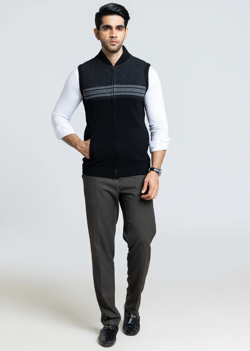 J-Black-Baseball Collar  Zipper Sando Sweater (790-14) - Image 2
