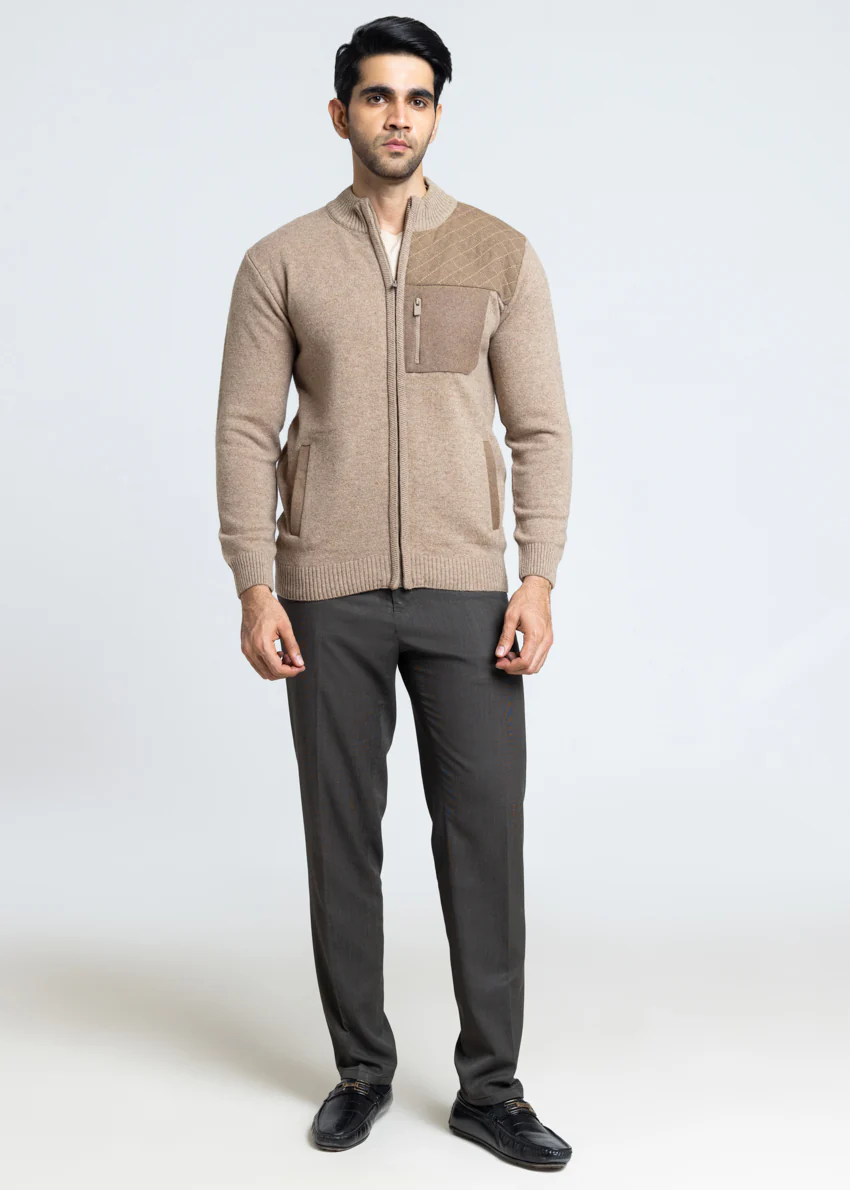 M-Beige-Turtle Neck Zipper Full Sleeves Sweater (910-14) - Image 3