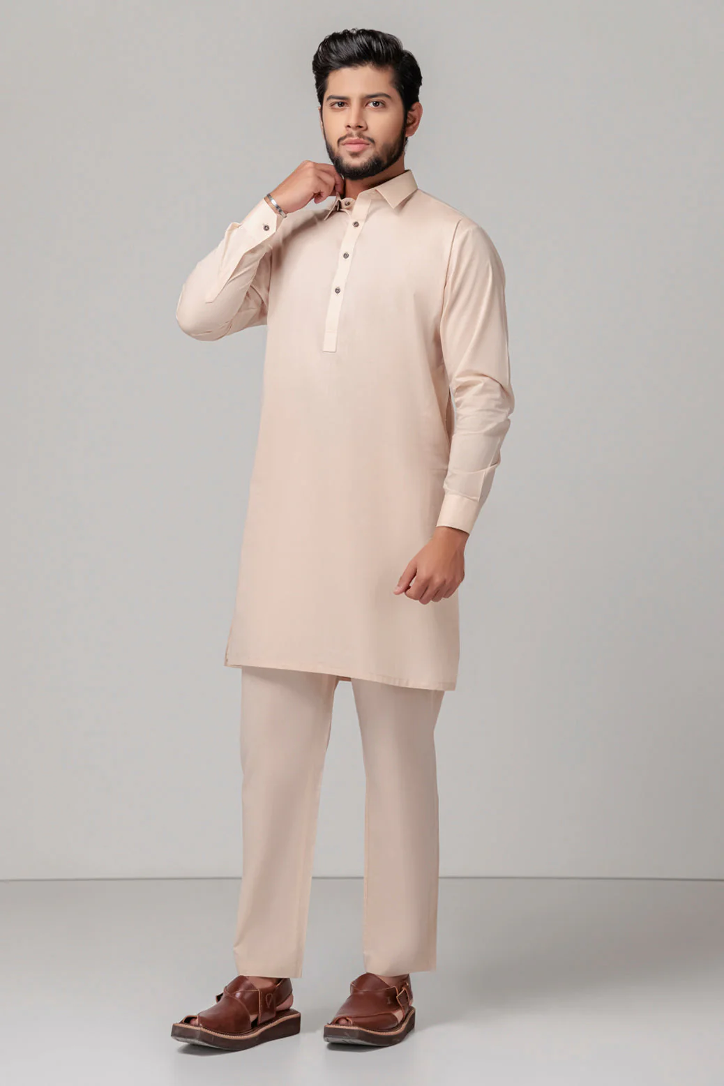 BEIGE-COTTON-KURTA PAJAMA TROUSER (KSS23-010) - Image 4