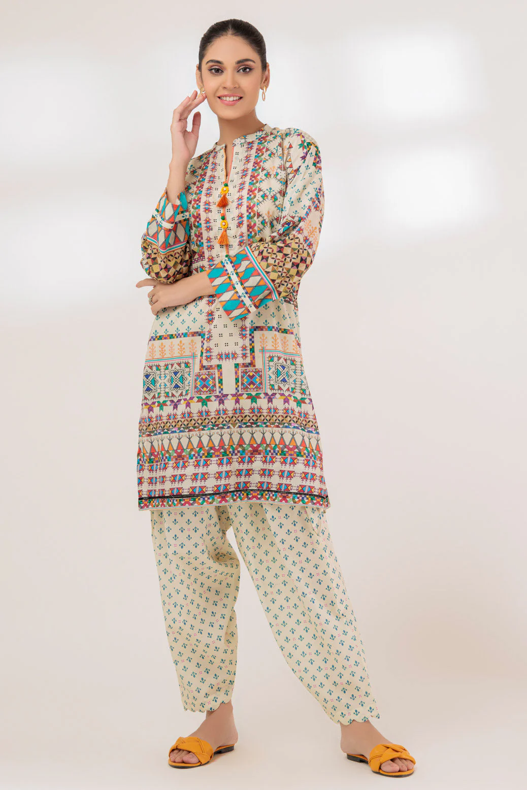 BEIGE-LAWN-2 PIECE (SAK232P07) - Image 4