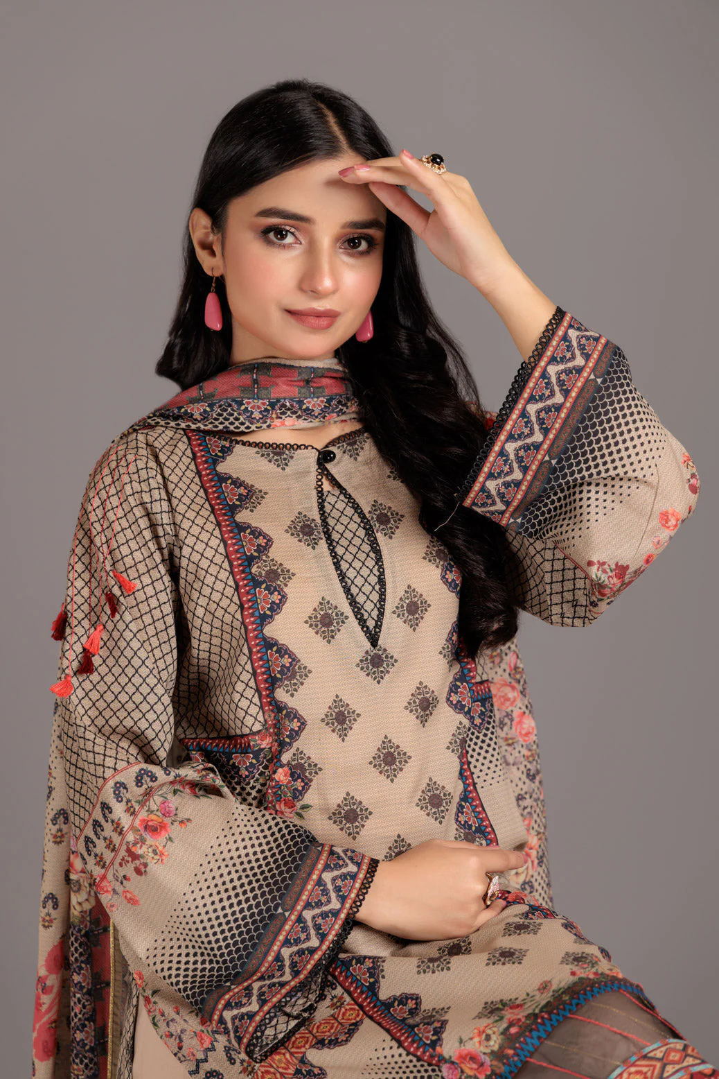 BEIGE-LAWN-3 PIECE (SSS233P06) - Image 2