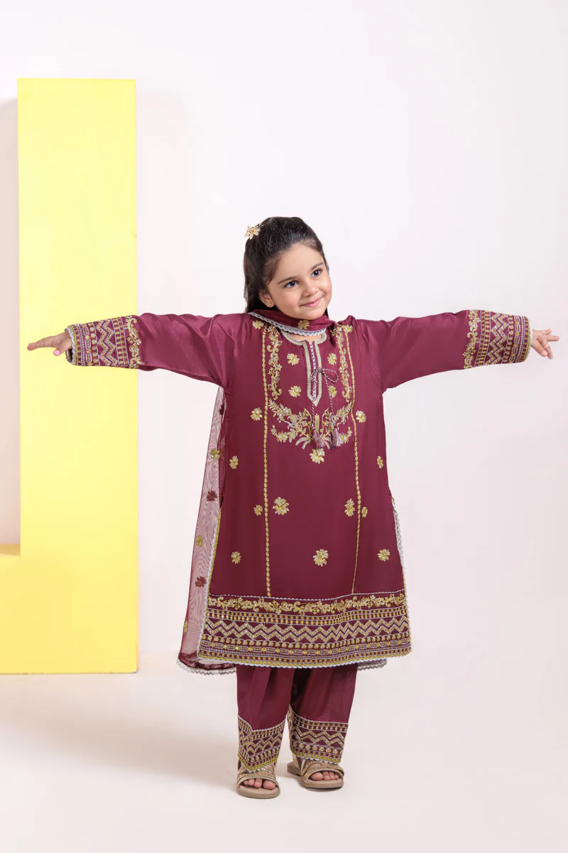 Burgundy-Raw Silk-3 Piece (G25FE3012) - Image 4