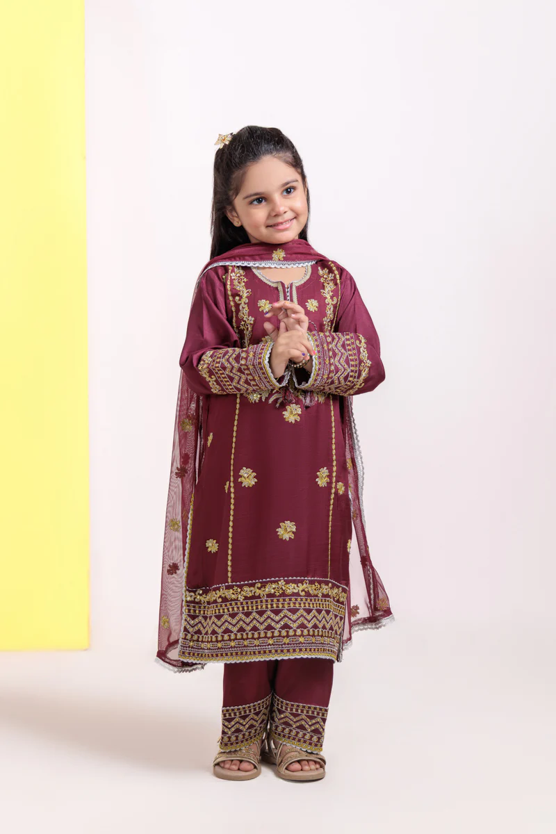 Burgundy-Raw Silk-3 Piece (G25FE3012) - Image 5