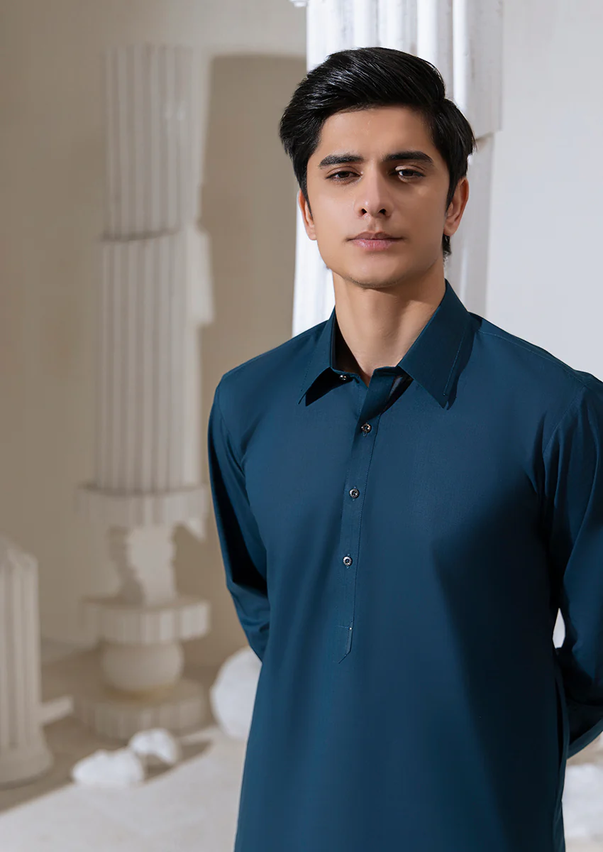 D-Teal-Cotton Fancy-Kurta Shalwar - (M25KSS1008) - Image 2