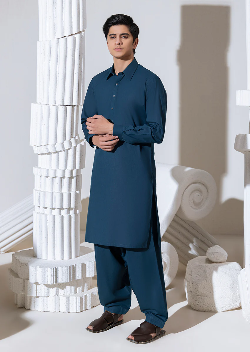 D-Teal-Cotton Fancy-Kurta Shalwar - (M25KSS1008) - Image 3