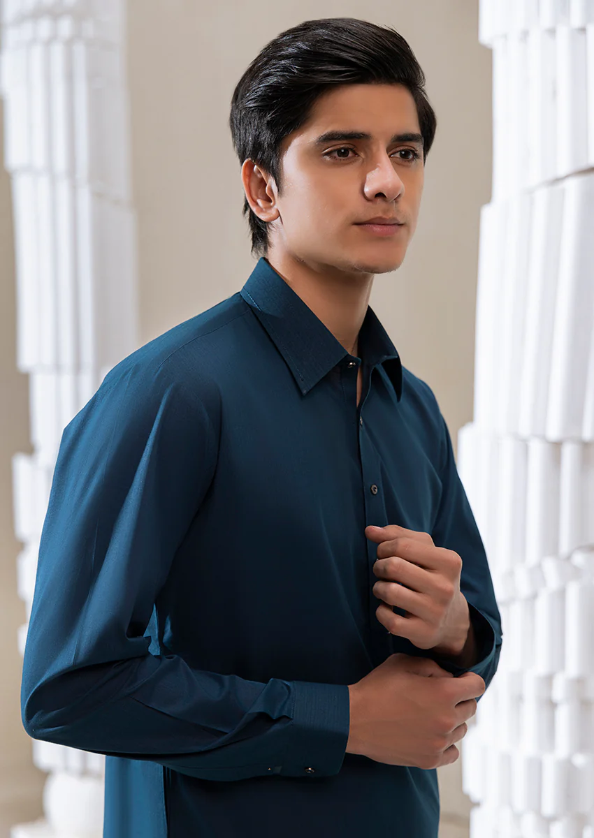 D-Teal-Cotton Fancy-Kurta Shalwar - (M25KSS1008) - Image 4