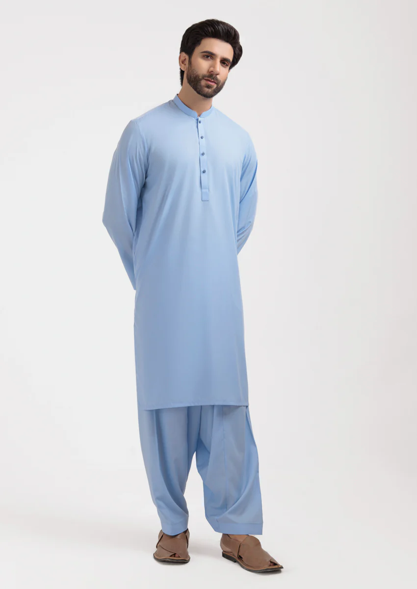 Sky-Blue-Blended-Kurta Shalwar - (M25KSS1017) - Image 4