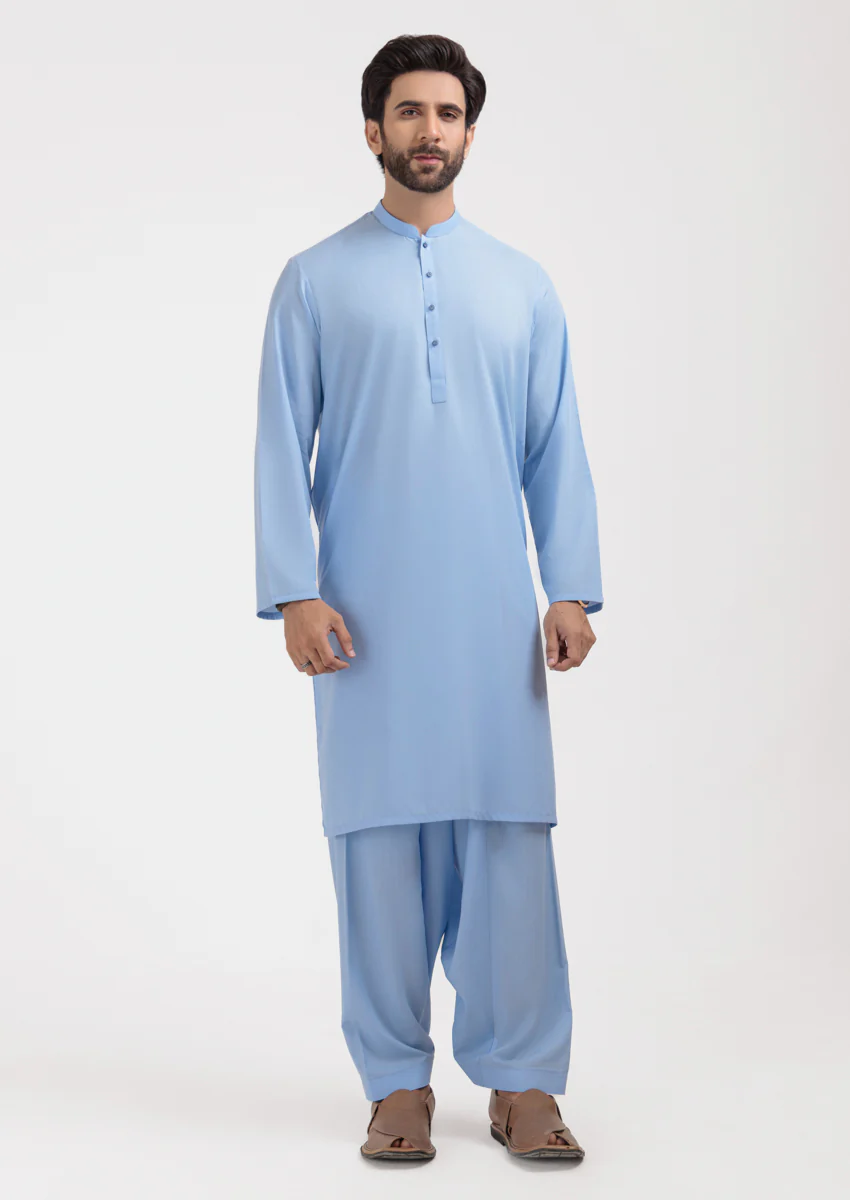Sky-Blue-Blended-Kurta Shalwar - (M25KSS1017) - Image 5