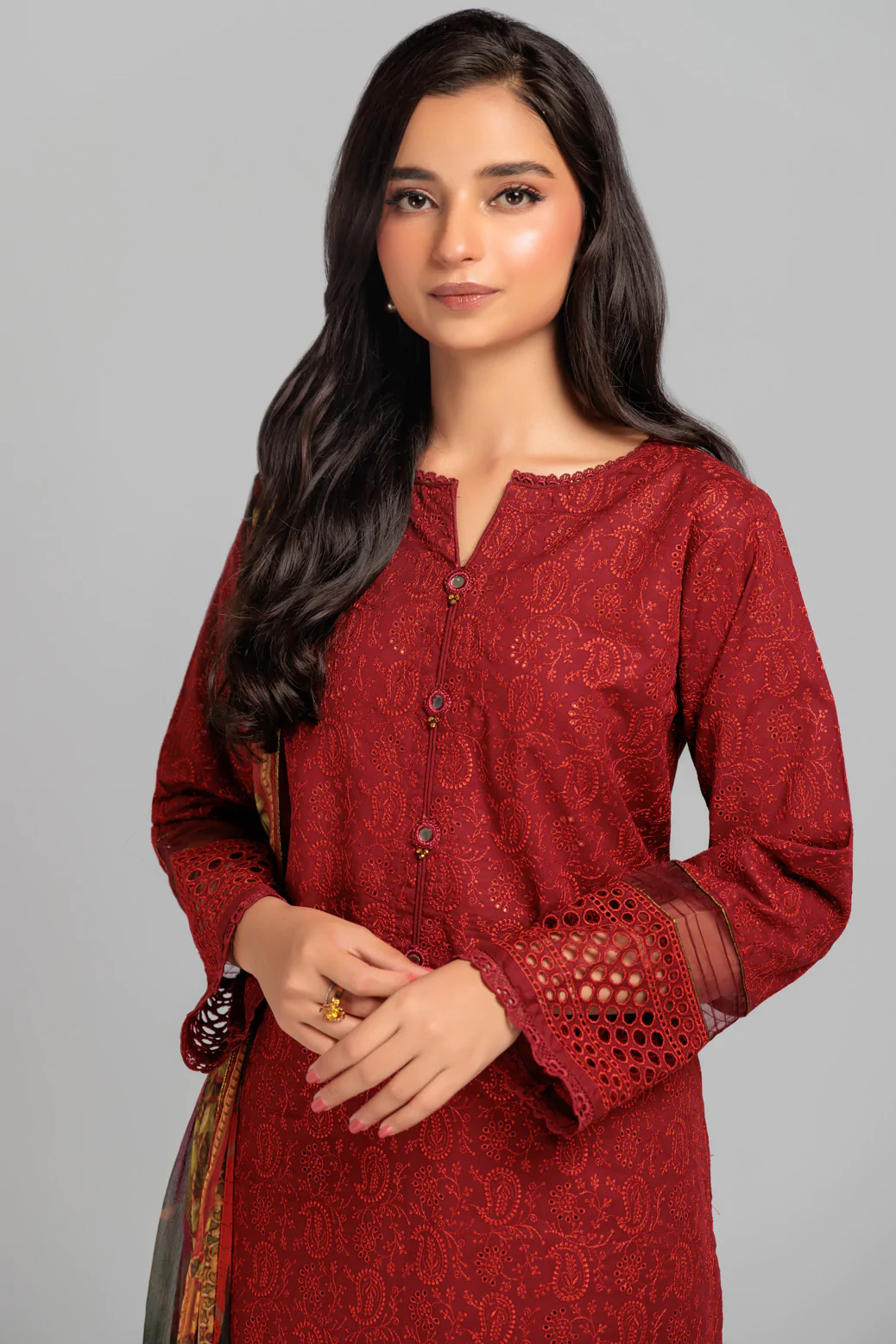 MAR00N-CAMBRIC CHIKANKARI-3 PIECE-SUIT (WAS223P104) - Image 2