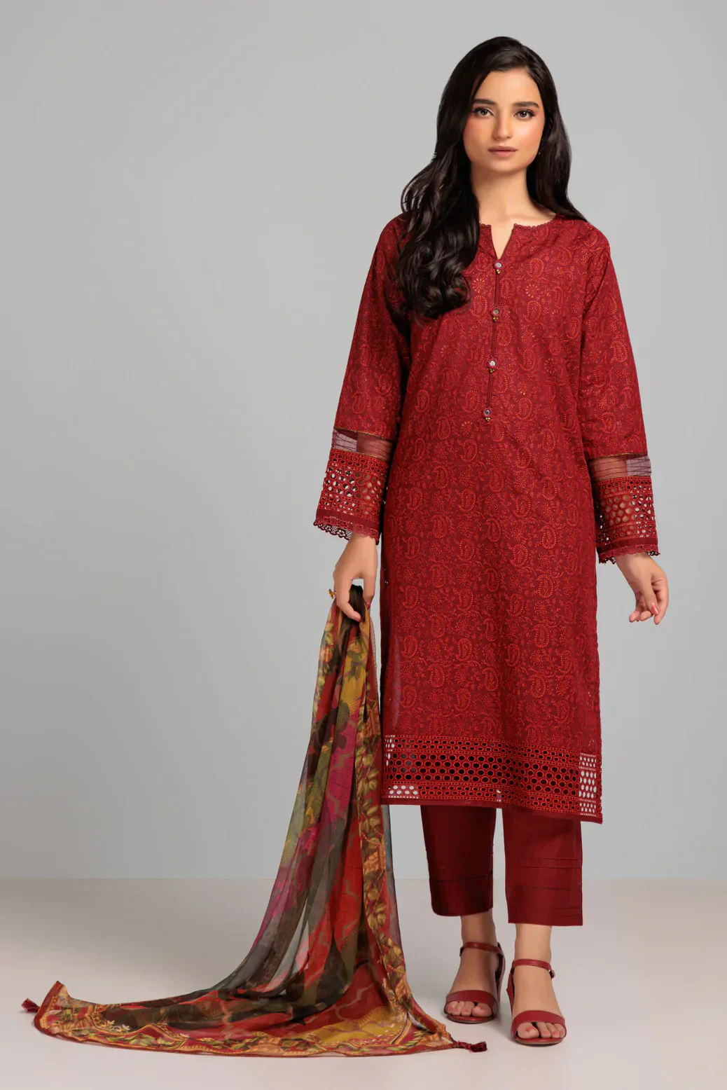 MAR00N-CAMBRIC CHIKANKARI-3 PIECE-SUIT (WAS223P104) - Image 3
