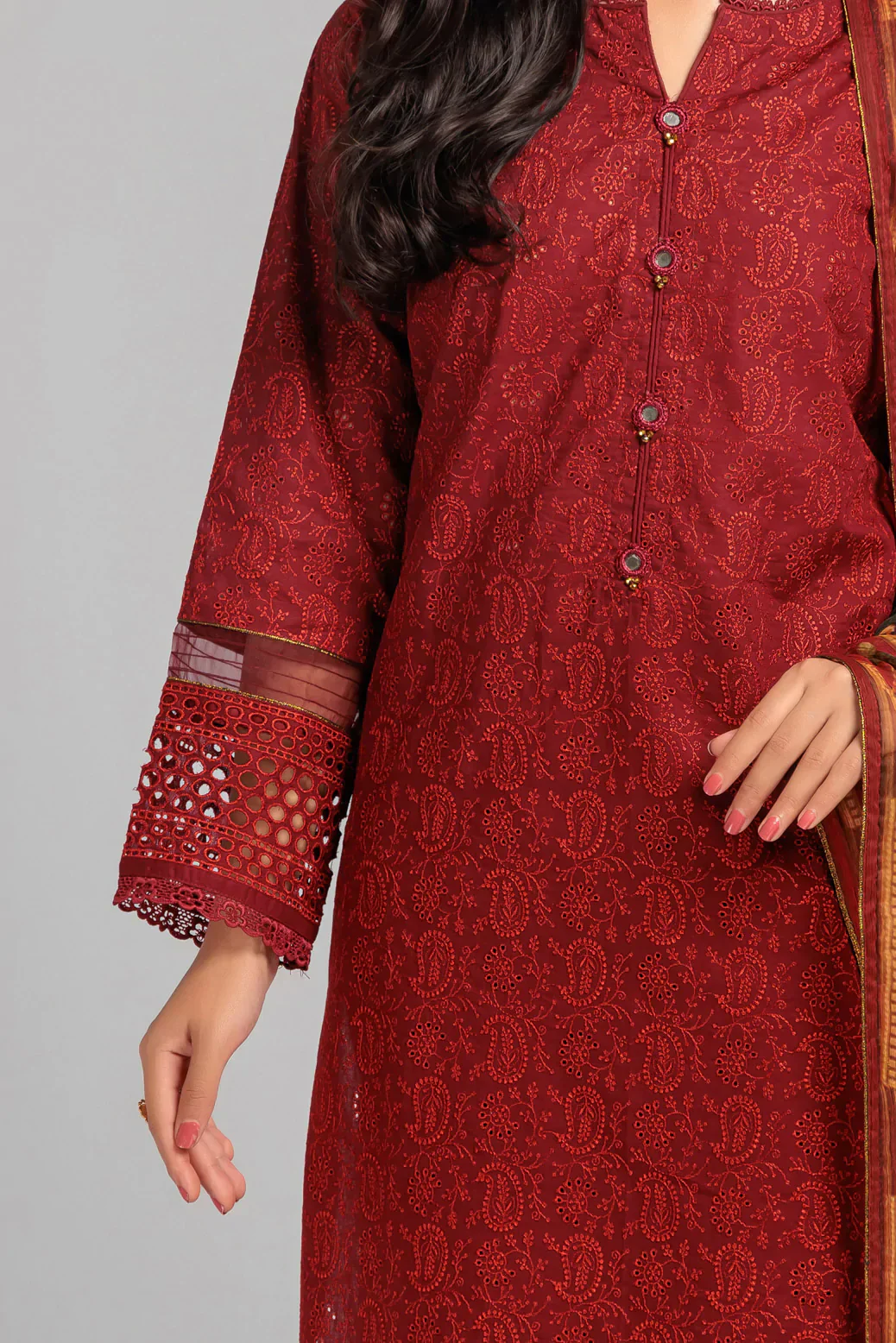 MAR00N-CAMBRIC CHIKANKARI-3 PIECE-SUIT (WAS223P104) - Image 4