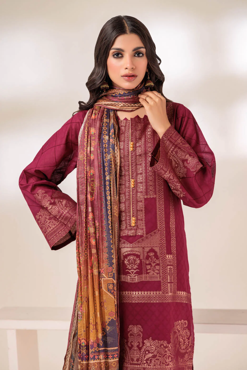 MAROON-JACQUARD-3 PIECE (JAS233P23) - Image 2
