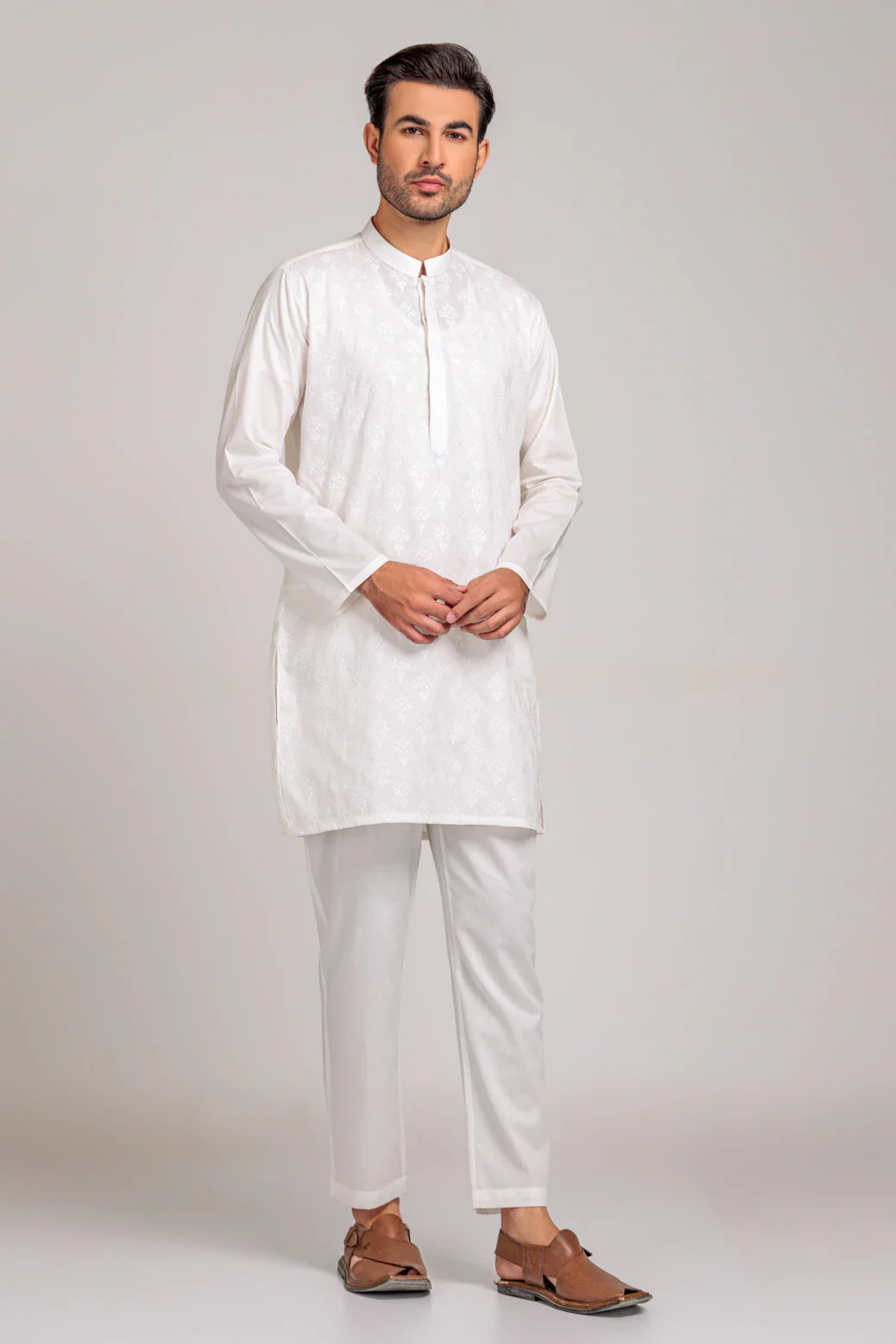 O-WHITE-COTTON-KURTA PAJAMA TROUSER (KSS23-005) - Image 4