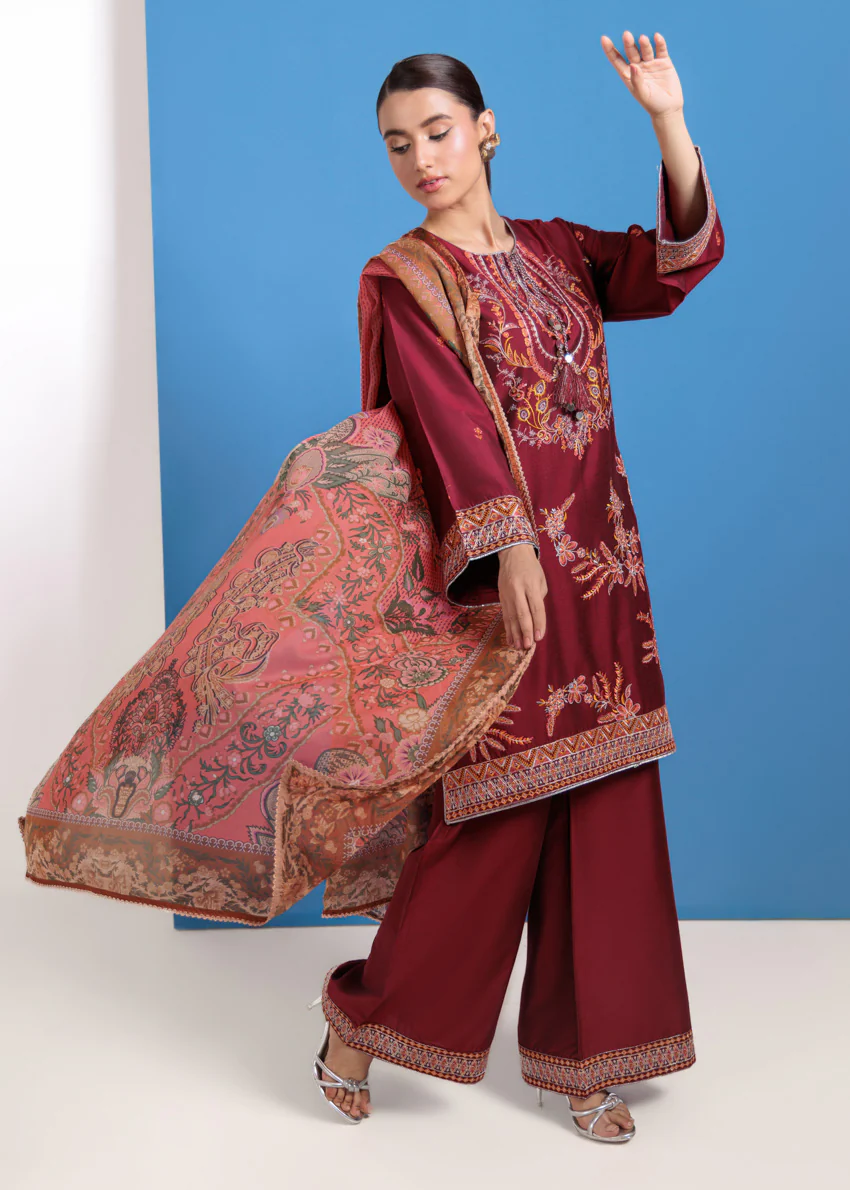 Maroon-Cotton Silk-3 Piece (WPS25FE3023) - Image 5
